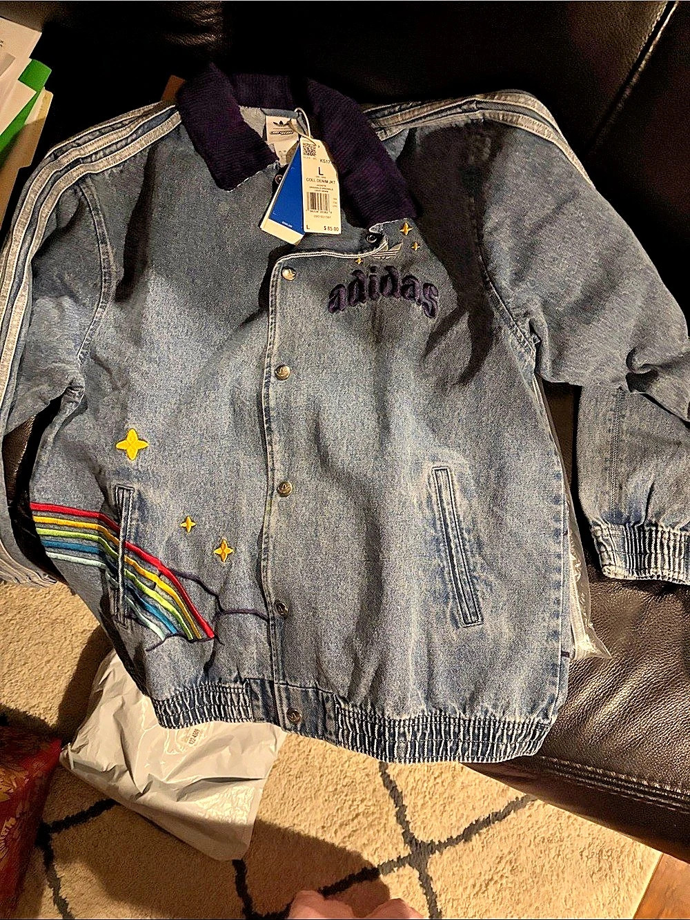 Golden JKT Denim Bear Jacket in Blue & Purple Size Large NWT